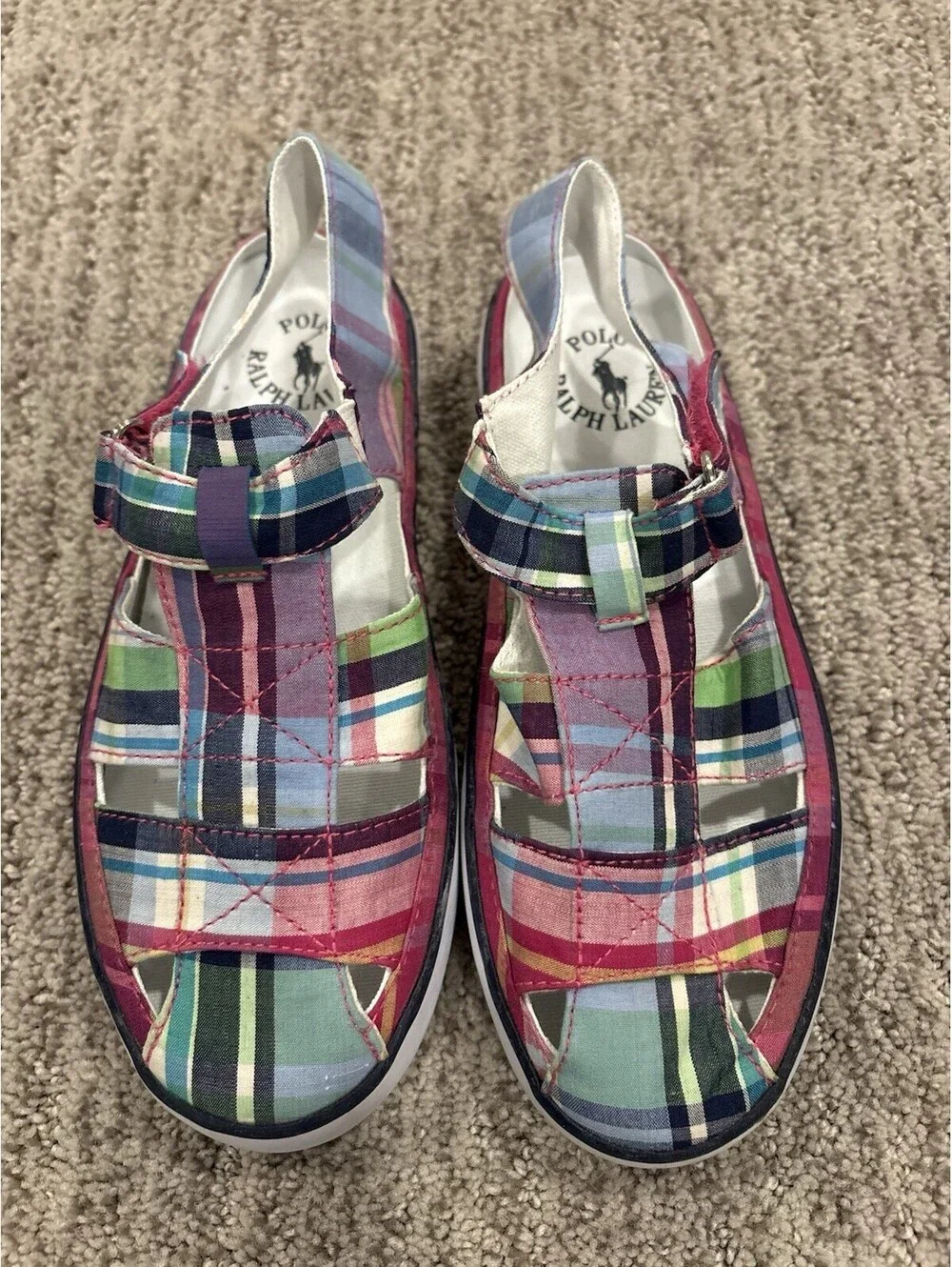 Polo Ralph Lauren Girls Madras Plaid Fisherman Pony Sandals Size 13 New